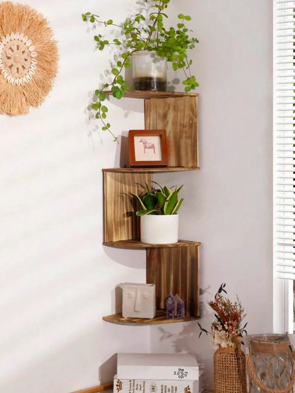 Wood Corner Wall Shelf - Brown Rustic Home Wall Decor